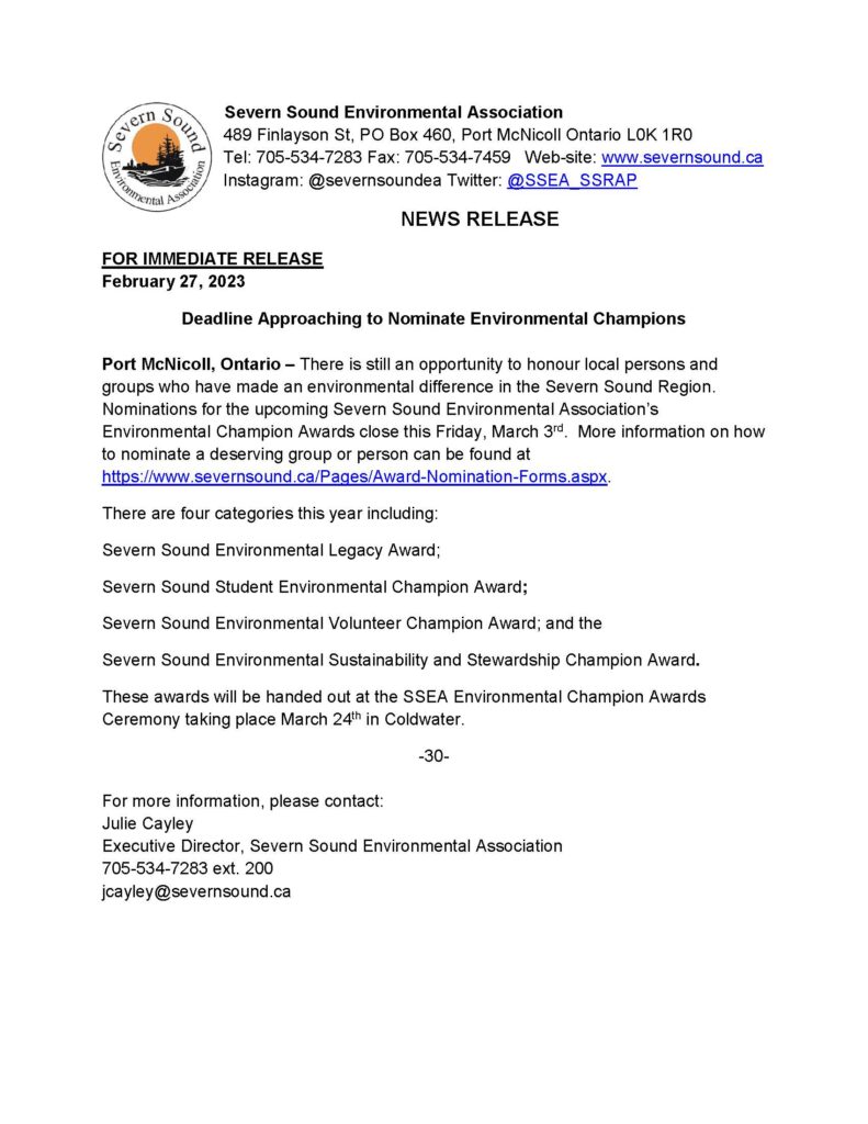 Deadline Approaching to Nominate Environmental Champions - SSEA Press Release - February 27, 2023